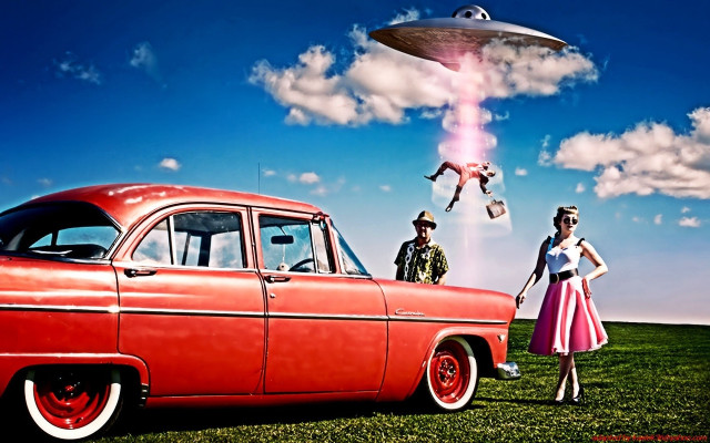 Woman red car field alien free wallpaper for desktop - medium preview image