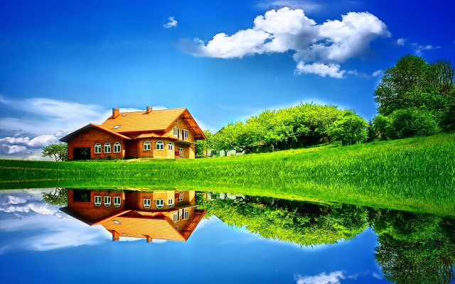 House reflection lake green field #10 free wallpaper for desktop - medium preview image