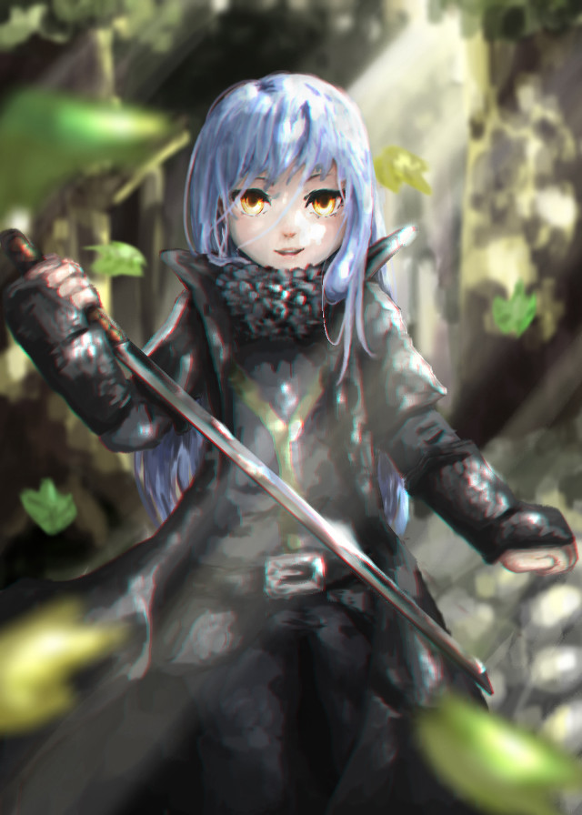 Girl blue hair sword shield free wallpaper for mobile - medium preview image