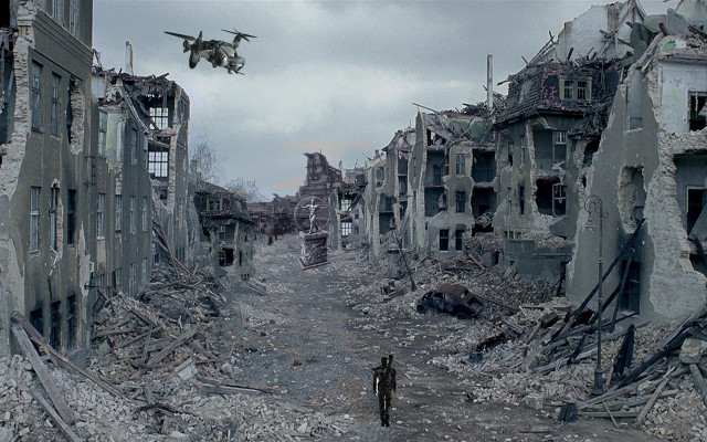 Man destroyed city street plane free wallpaper for desktop - medium preview image