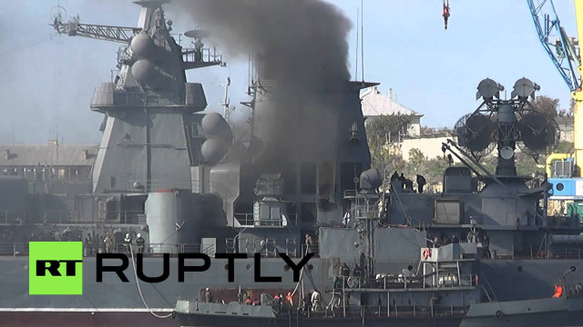 Large ship smoke billowing stacks free wallpaper for desktop - medium preview image