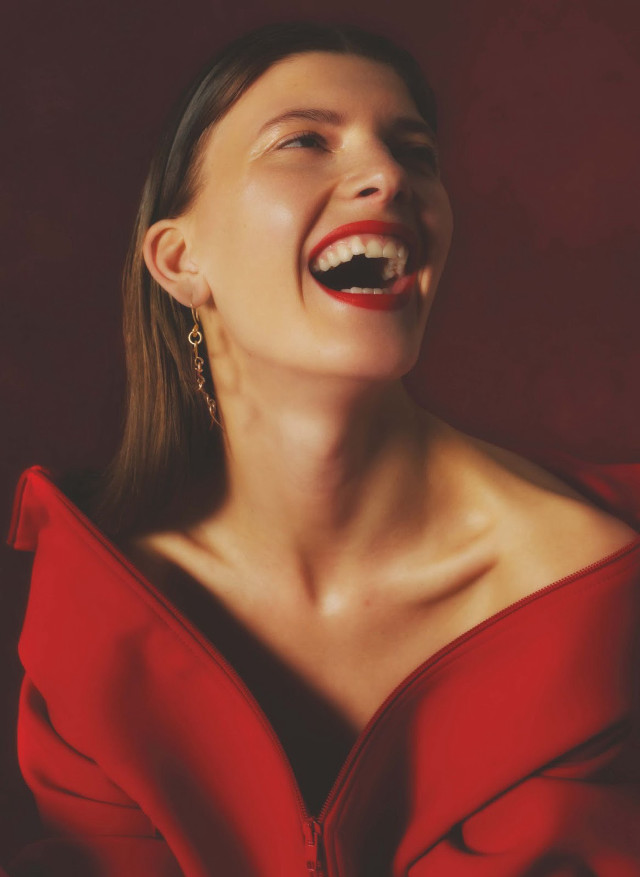 Woman laughing red dress fashion free wallpaper for mobile - medium preview image