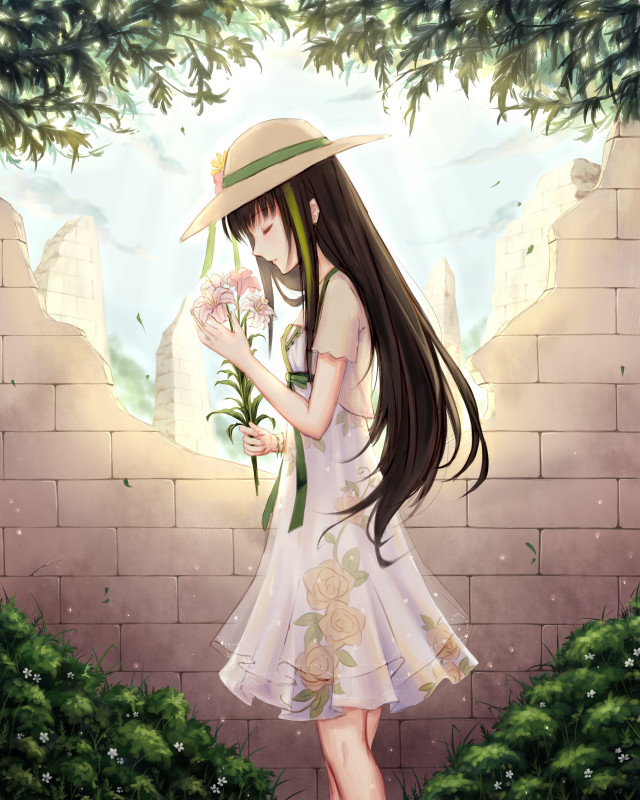 Girl dress hat flower brick free wallpaper for mobile - medium preview image