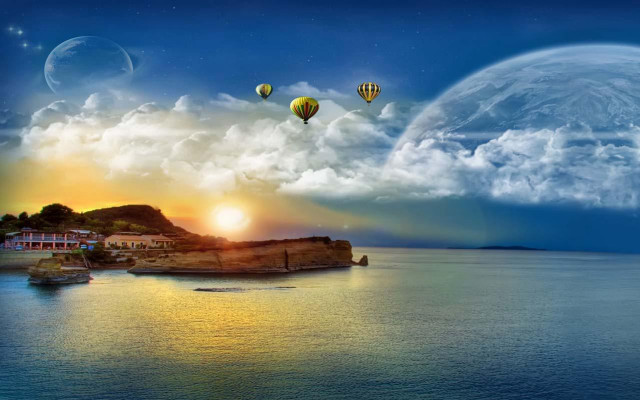 Sunset hotairballoons magicrealism mattefantasy astronaut free wallpaper for desktop - medium preview image