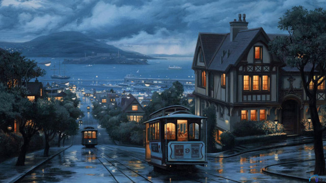 Trolley car rainy night city free wallpaper for desktop - medium preview image