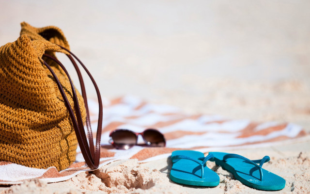 Blue sandals straw bag beach free wallpaper for desktop - medium preview image