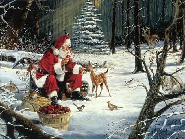 Santa claus woods deers birds free wallpaper for desktop - medium preview image