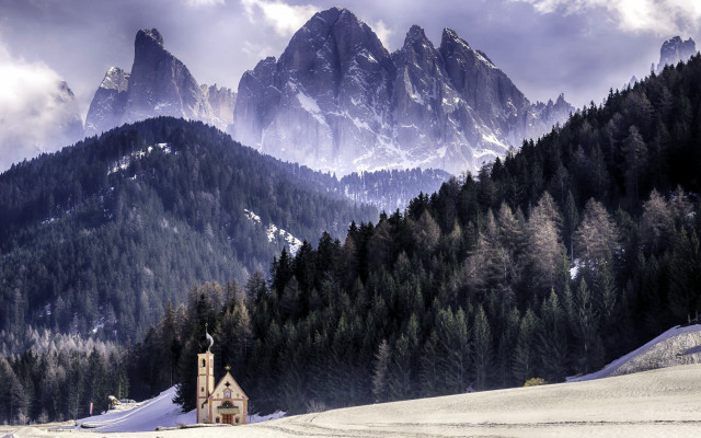 Church snowy mountain range cloudy free wallpaper for desktop - medium preview image