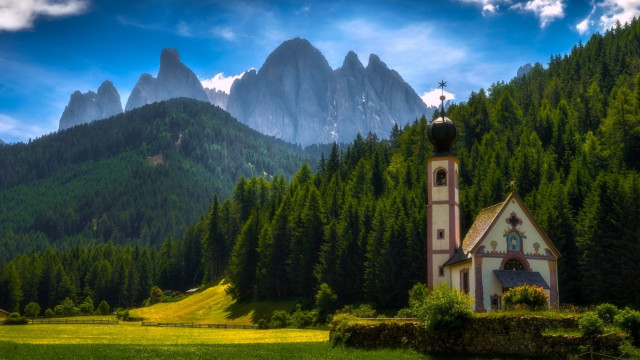 Church green field mountains blue free wallpaper for desktop - medium preview image