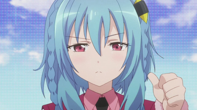 Girl blue hair pointing camera free wallpaper for desktop - medium preview image