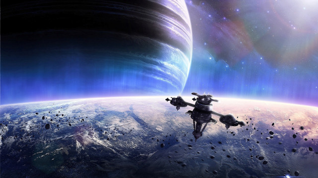 Space station over planet star free wallpaper for desktop - medium preview image
