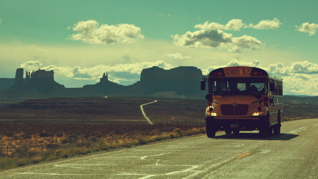 School bus desert road mountains free wallpaper for desktop - medium preview image
