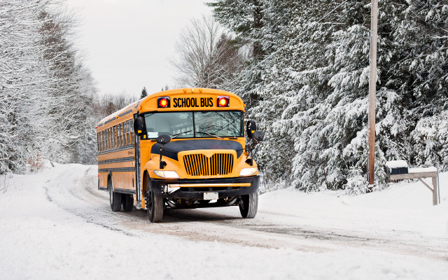 School bus snowy road woods free wallpaper for desktop - medium preview image