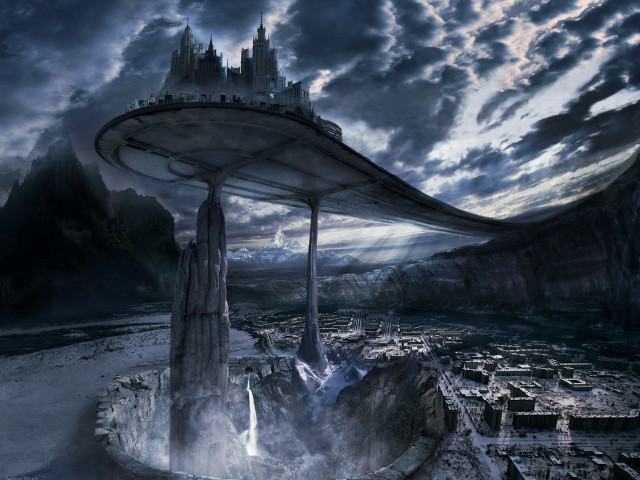 Futuristic city waterfall castle night free wallpaper for desktop - medium preview image