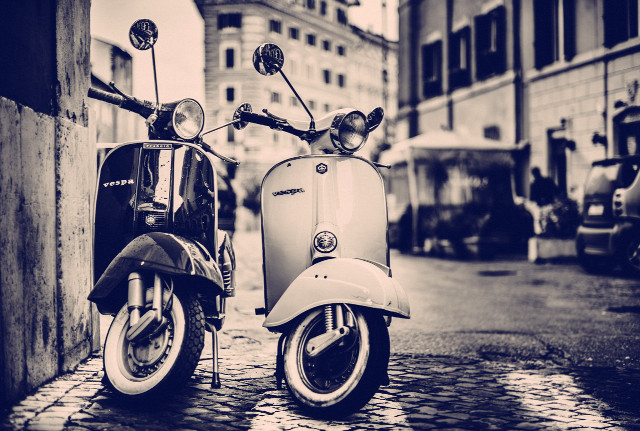Scooters parked street building car free wallpaper for desktop - medium preview image