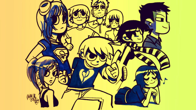 Drawing group people yellow blue free wallpaper for desktop - medium preview image