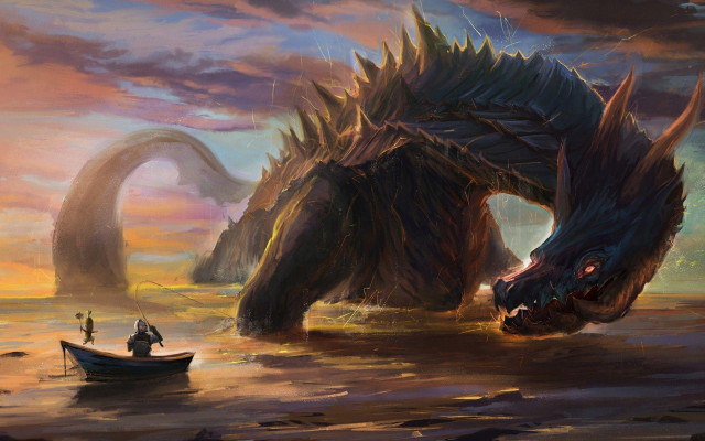 Giant dragon man boat water free wallpaper for desktop - medium preview image