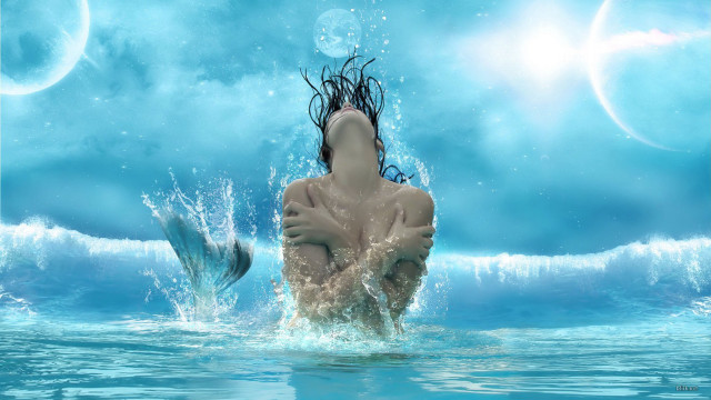 Woman water fish sky clouds free wallpaper for desktop - medium preview image