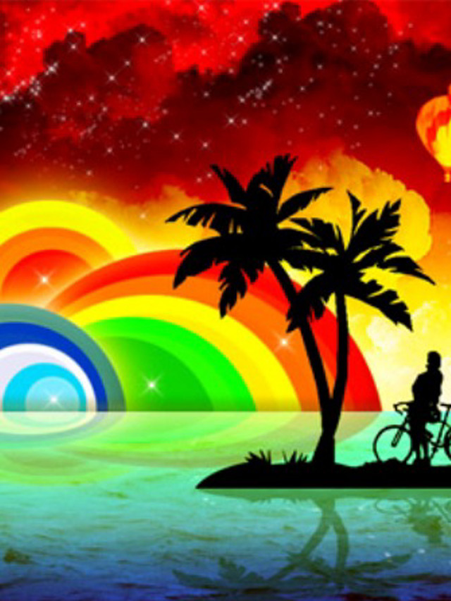 Man riding bike beach rainbow free wallpaper for mobile - medium preview image