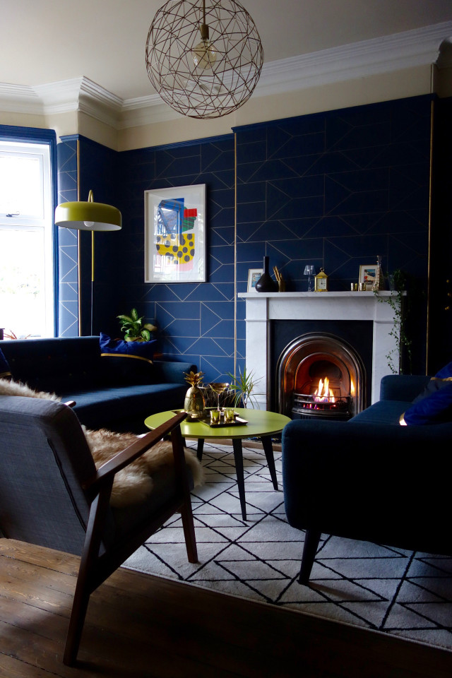 Livingroom fireplace bluewall geometric chair free wallpaper for mobile - medium preview image