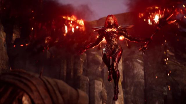 Woman futuristic suit flying fire free wallpaper for desktop - medium preview image