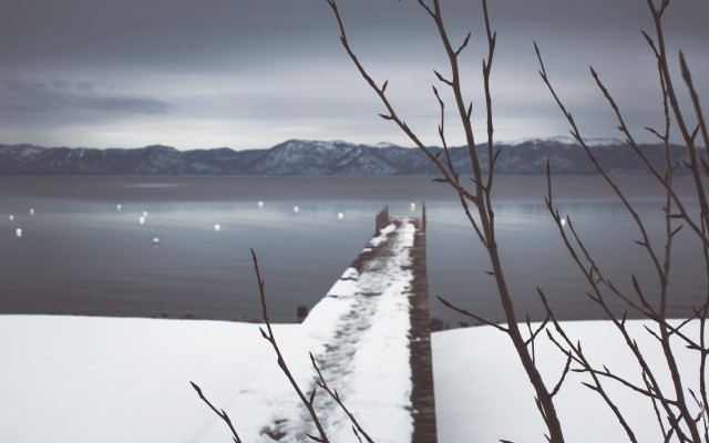 Snowy landscape water fence bench free wallpaper for desktop - medium preview image