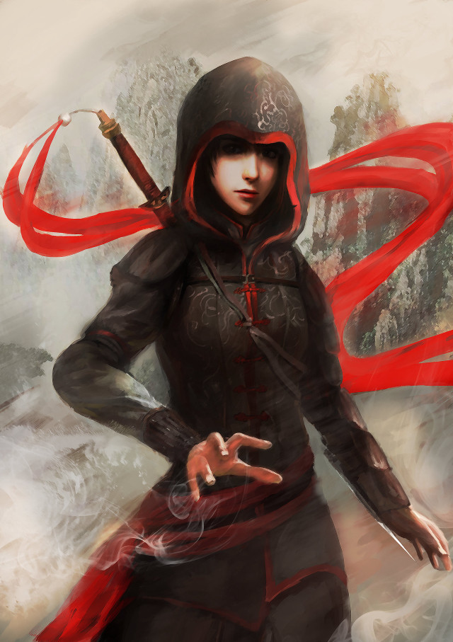 Woman hooded sword red scarf free wallpaper for mobile - medium preview image