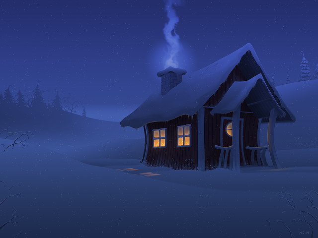 Cabin snow lit window chimney free wallpaper for desktop - medium preview image