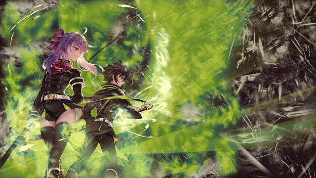 Anime couple green background black free wallpaper for desktop - medium preview image