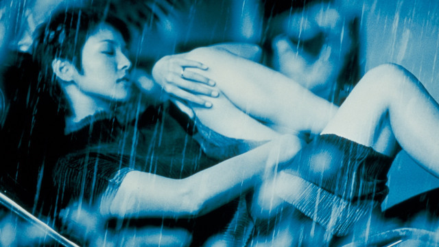 Couple sitting rain blue background free wallpaper for desktop - medium preview image