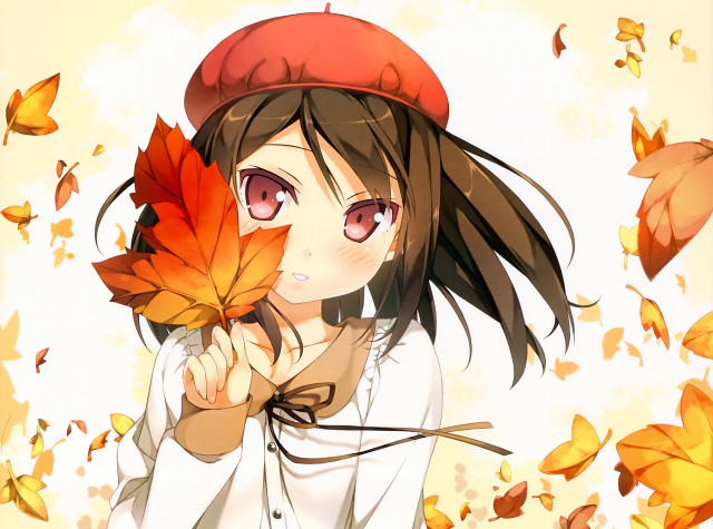 Girl holding leaf hat head free wallpaper for desktop - medium preview image