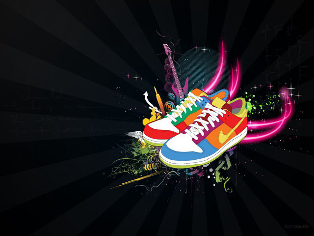 Colorful sneakers guitar starburst background free wallpaper for desktop - medium preview image