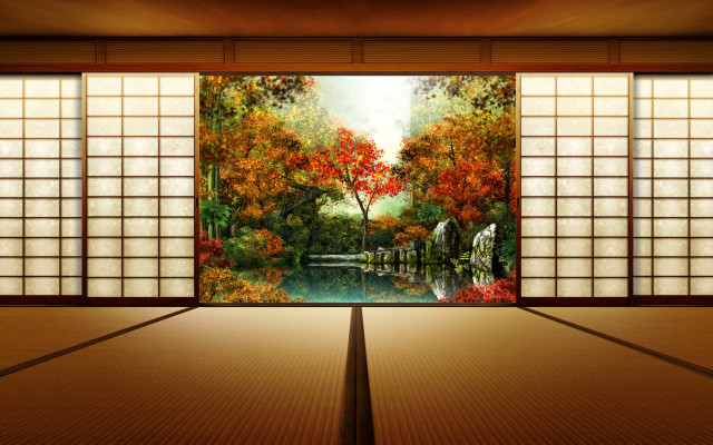 Room painting landscape window forest free wallpaper for desktop - medium preview image