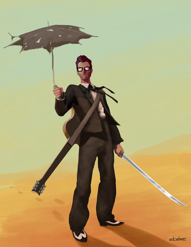 Man umbrella swords desert sand free wallpaper for mobile - medium preview image