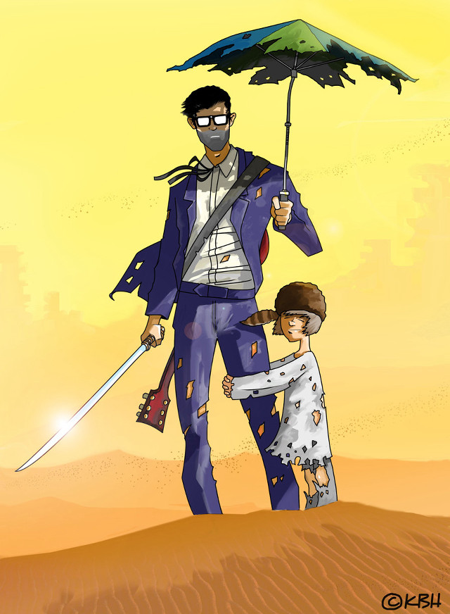 Man sword child umbrella desert free wallpaper for mobile - medium preview image