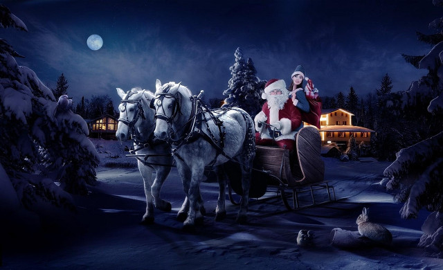 Santa sleigh horses snow night free wallpaper for desktop - medium preview image