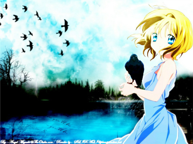 Girl blue dress holding bird free wallpaper for desktop - medium preview image