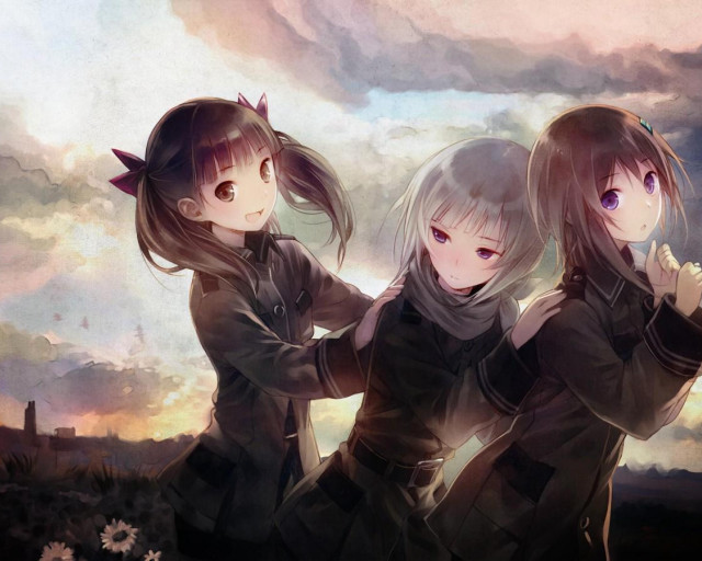 Three anime girls cloudy sky #2 free wallpaper for desktop - medium preview image
