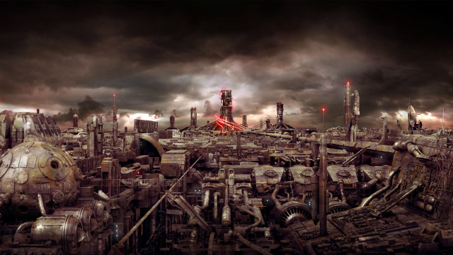 Futuristic city smoke buildings sky free wallpaper for desktop - medium preview image