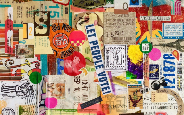 Collage paper stickers wall clock free wallpaper for desktop - medium preview image