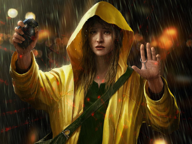 Woman yellow raincoat camera rain #2 free wallpaper for desktop - medium preview image
