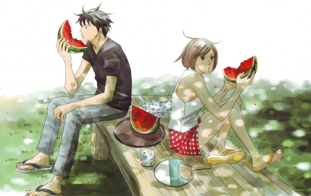 Couple bench watermelon slices bowl free wallpaper for desktop - medium preview image