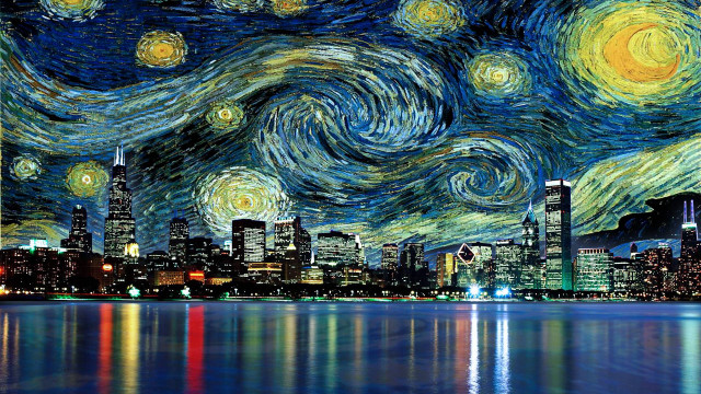 Starry night cityscape water ferris free wallpaper for desktop - medium preview image