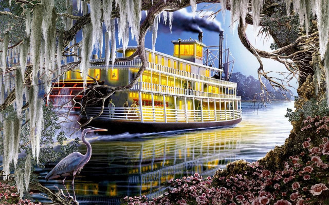 Boat river crane tree moss free wallpaper for desktop - medium preview image