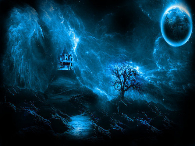 Castle sky tree moon blue free wallpaper for desktop - medium preview image