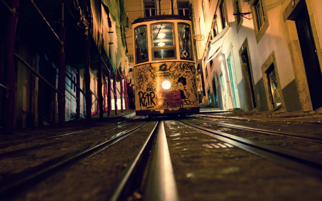 Trolley car narrow alleyway nighttime #2 free wallpaper for desktop - medium preview image