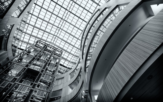Black white building skylight spiral free wallpaper for desktop - medium preview image