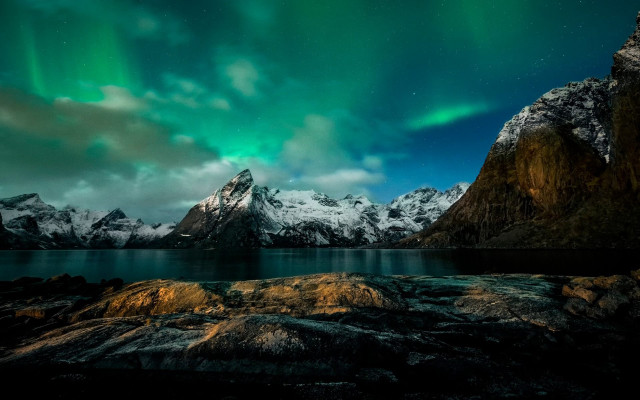 Mountain range lake green aurora free wallpaper for desktop - medium preview image
