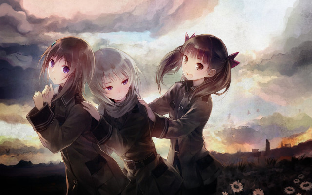Three anime girls cloudy sky free wallpaper for desktop - medium preview image