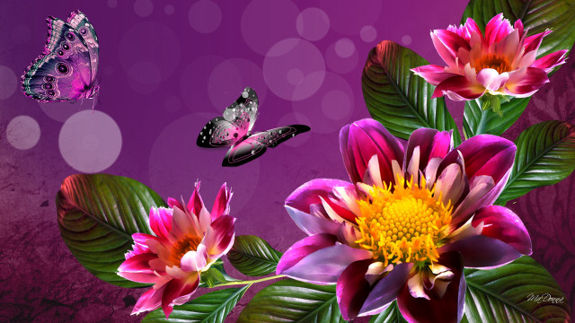 Purple flowers butterflies bubbles circles free wallpaper for desktop - medium preview image